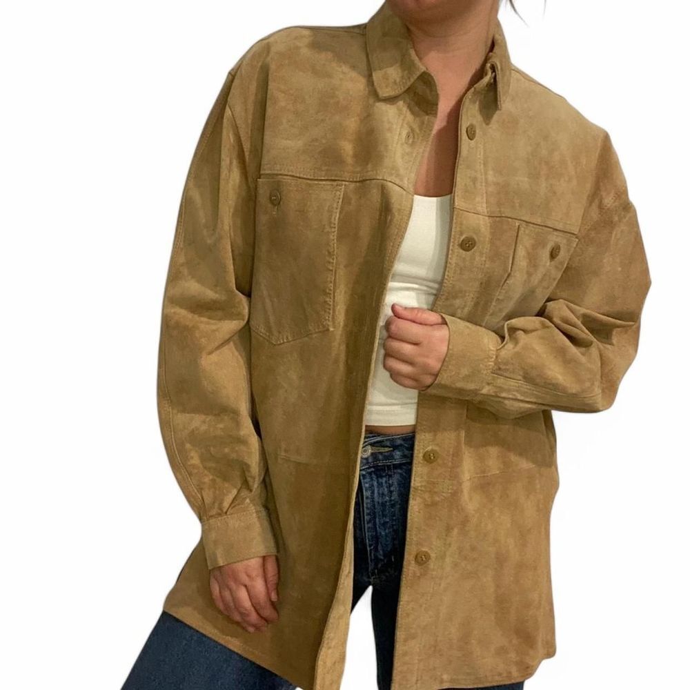 Vintage Brown Suede Leather Button Down Jacket 100% Pig Suede